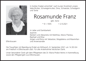 Anzeige von Rosamunde Franz von MGO