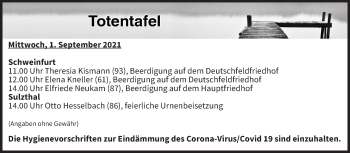 Anzeige von Totentafel vom 01.09.2021 von MGO
