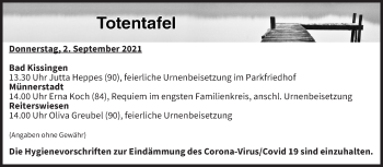 Anzeige von Totentafel vom 02.09.2021 von MGO