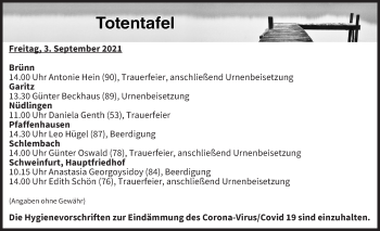Anzeige von Totentafel vom 03.09.2021 von MGO