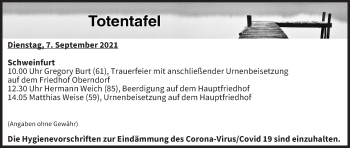 Anzeige von Totentafel vom 07.09.2021 von MGO