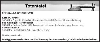Anzeige von Totentafel vom 10.09.2021 von MGO