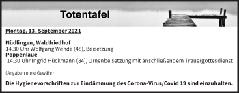 Anzeige von Totentafel vom 13.09.2021 von MGO