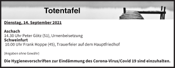 Anzeige von Totentafel vom 14.09.2021 von MGO