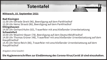 Anzeige von Totentafel vom 15.09.2021 von MGO