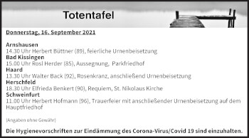 Anzeige von Totentafel vom 16.09.2021 von MGO