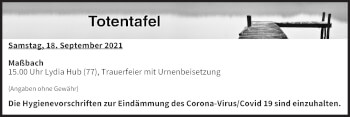 Anzeige von Totentafel vom 18.09.2021 von MGO