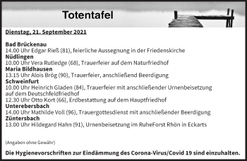 Anzeige von Totentafel vom 21.09.2021 von MGO