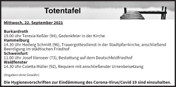 Anzeige von Totentafel vom 22.09.2021 von MGO
