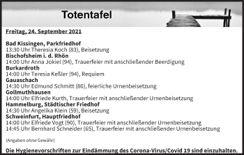 Anzeige von Totentafel vom 24.09.2021 von MGO