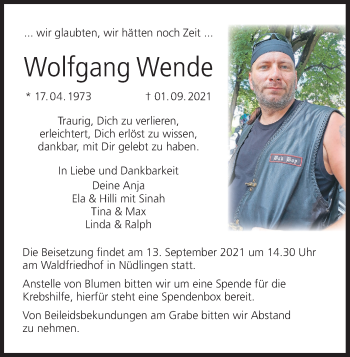Anzeige von Wolfgang Wende von MGO