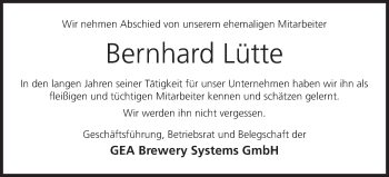 Anzeige von Bernhard Lütte von MGO