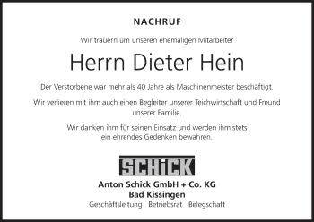 Anzeige von Dieter Hein von MGO