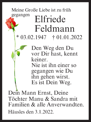 Anzeige von Elfriede Feldmann von MGO