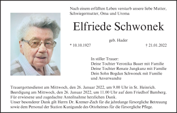 Anzeige von Elfriede Schwonek von MGO