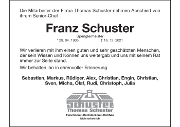 Anzeige von Franz Schuster von MGO