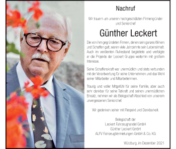 Anzeige von Günther Leckert von MGO