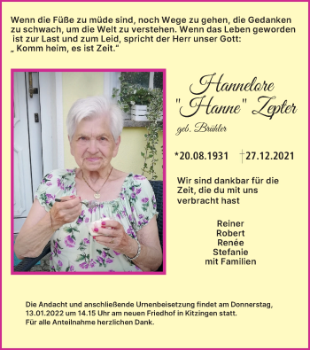 Anzeige von Hannelore Zepter von MGO