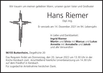 Anzeige von Hans Riemer von MGO