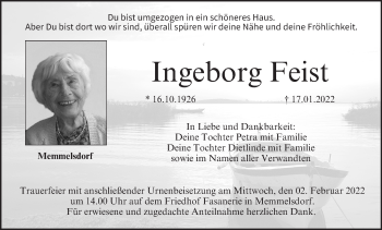 Anzeige von Ingeborg Feist von MGO