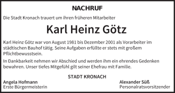 Anzeige von Karl Heinz Götz von MGO