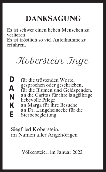 Anzeige von Koberstein Inge von MGO