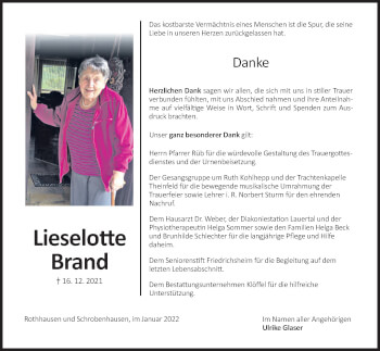 Anzeige von Lieselotte Brand von MGO