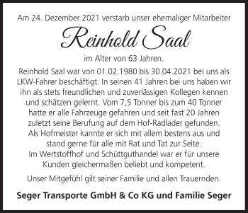 Anzeige von Reinhold Saal von MGO
