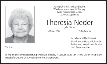 Anzeige von Theresia Neder von MGO