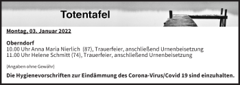 Anzeige von Totentafel vom 03.01.2022 von MGO