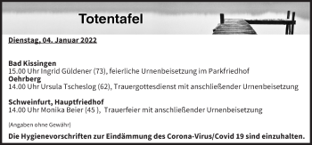 Anzeige von Totentafel vom 04.01.2022 von MGO