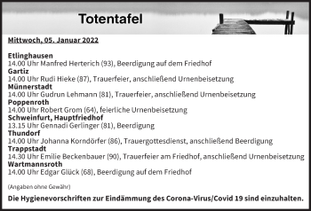 Anzeige von Totentafel vom 05.01.2022 von MGO