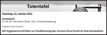 Anzeige von Totentafel vom 15.01.2022 von MGO