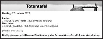 Anzeige von Totentafel vom 17.01.2022 von MGO