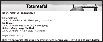 Anzeige von Totentafel vom 20.01.2022 von MGO