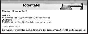 Anzeige von Totentafel vom 25.01.2022 von MGO