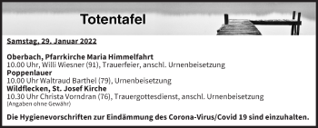 Anzeige von Totentafel vom 29.01.2022 von MGO