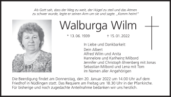 Anzeige von Walburga Wilm von MGO