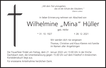 Anzeige von Wilhelmine Hüller von MGO
