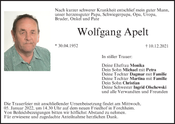Anzeige von Wolfgang Apelt von MGO
