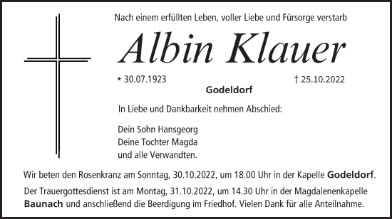 Anzeige von Albin Klauer von MGO