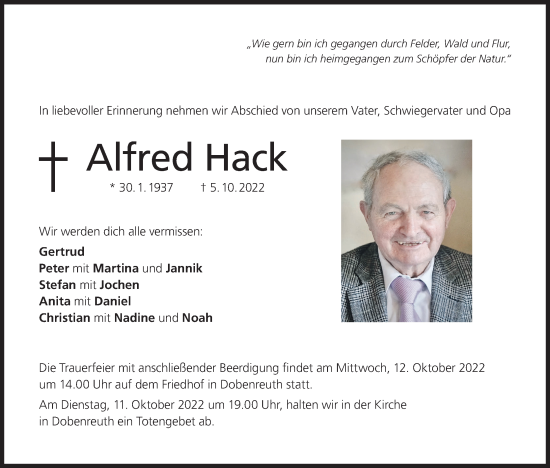 Anzeige von Alfred Hack von MGO