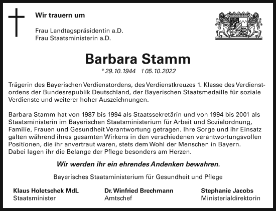 Anzeige von Barbara Stamm von MGO