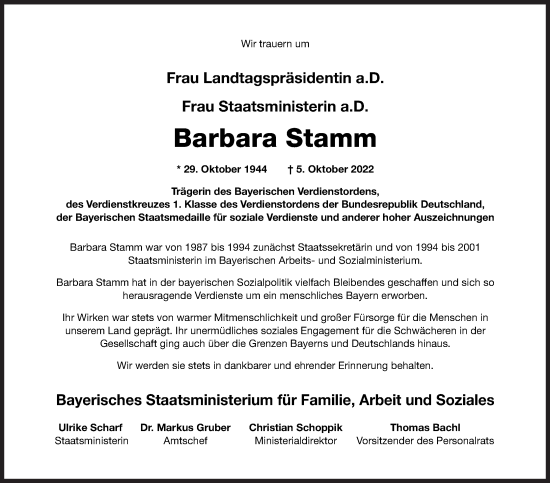 Anzeige von Barbara Stamm von MGO