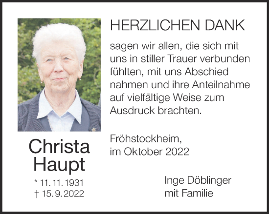 Anzeige von Christa Haupt von MGO