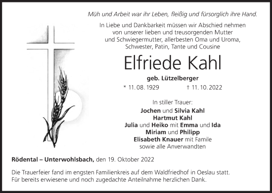 Anzeige von Elfriede Kahl von MGO