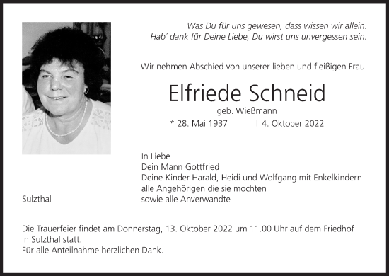 Anzeige von Elfriede Schneid von MGO