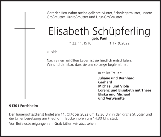 Anzeige von Elisabeth Schüpferling von MGO