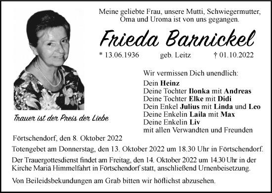 Anzeige von Frieda Barnickel von MGO
