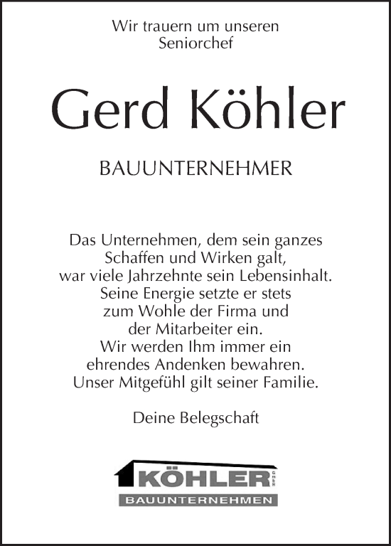 Anzeige von Gerd Köhler von MGO